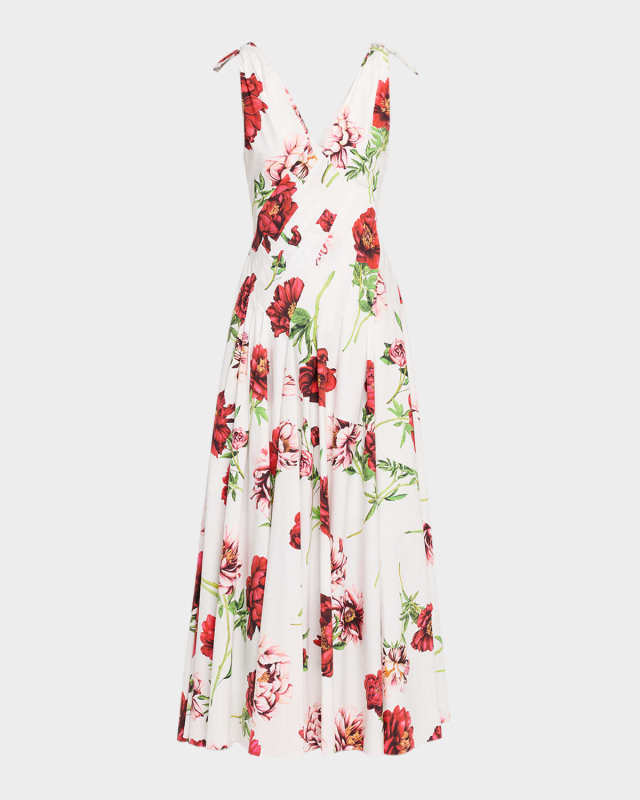Sleeveless V-Neck Peony-Print Poplin Day Dress